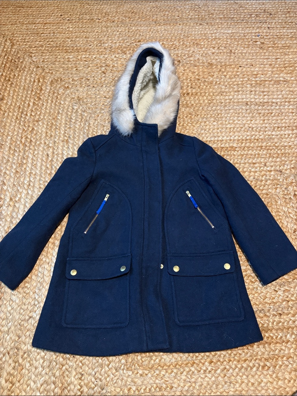 J. Crew Crewcuts Navy Wool Chateau Coat with Cream Faux-Fur Trim - Picture 3 of 4